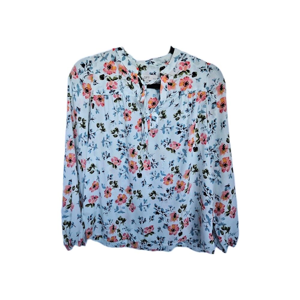 LOFT Floral Print Tie Neck Blouse Long Sleeve Chiffon Top Shirt Size Small S
